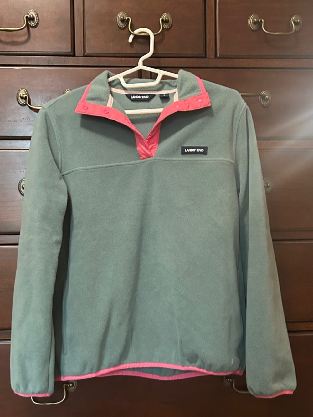 Lands' End Green Fleece Pullover with Pink Accents